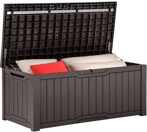 YITAHOME 450L Garden Storage Box Waterproof, Large Outdoor Storage Box with Lid, Lockable Deck Boxes Outdoor Storage Containers for Patio Cushions Garden Tools, Brown, 140 x 66 x 59cm