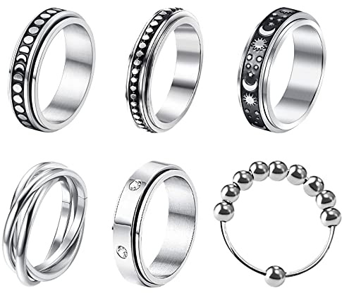 JewelryWe 6 st Spinnerringar, herr dam, stressring, i rostfritt stål, Fidget ring, present, Rostfritt stål