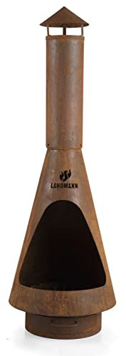 LANDMANN Gartenkamin | Aus korrosionsbeständigem Cortenstahl | Mit Schürhaken und herausnehmbarer Ascheschublade | Zeitloses Design | Wetterfest und stabil | Maße ca. 49 x 49 x 142 cm [Rostbraun]