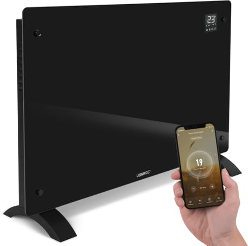 VONROC Chauffage Électrique de Luxe 2000W – Convecteur Panneau Verre Noir avec Commande Manuelle & Wi-Fi, Écran LED, Thermostat Réglable, Sécurité Enfants – Chauffe des pièces jusqu’à 24m²