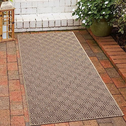 CARPETIA robuster Outdoorteppich Läufer Rautenmuster beige/schwarz robust Innen- und Außenbereich wetterfest Jute-Look 60 x 90 cm