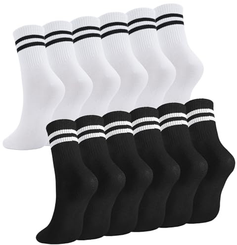 Utensilsto 6 paia di calzini da donna e da uomo, tennis, 35-38, 39-42, 43-46, calzini sportivi con righe, in cotone, calzini sportivi per donna e uomo, Bianco + nero, 39-42