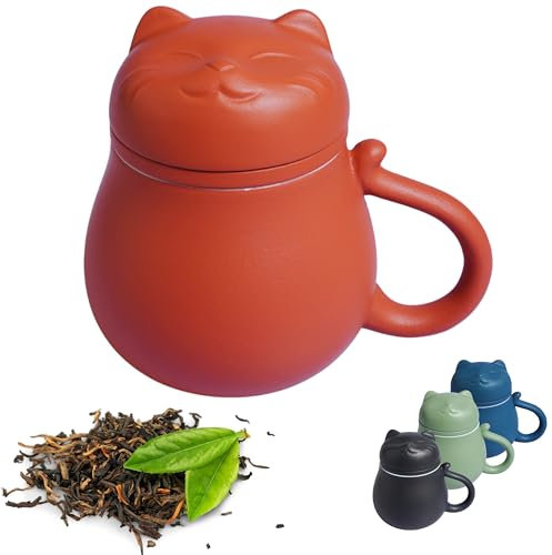 Kicura Keramik Teetasse, 400ml - Komplettset mit Deckel & Sieb - Katzen-Design - Für lose Blätter & Kräuter - Praktisches Geschenk für Familie - Rot