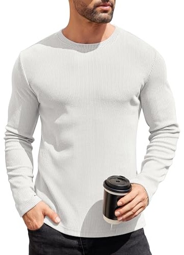 COOFANDY Pull à col rond pour homme - Léger - Manches longues - Décontracté - En tricot - Basique - Blanc - Taille L