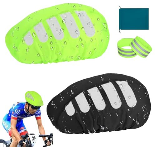 2Stks Reflektierender Fahrradhelm Regenschutz, Gut Sichtbarer Wasserdichter Fahrradhelm Schutz, Regenkappe Helmüberzug mit Reflektierendem Streifen Beutel,Fahrrad Armbänder für Nacht (Schwarz Grün)