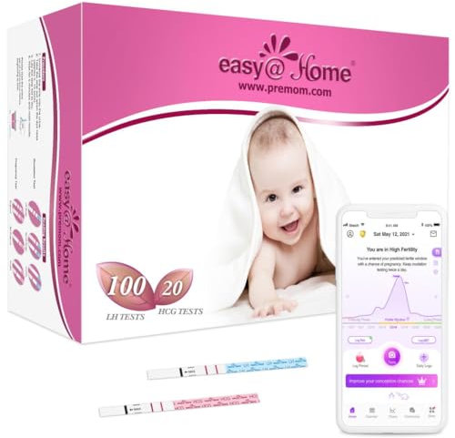 Easy@Home 100 Test de Ovulación y 20 Test de Embarazo de Alta Sensibilidad, Kits de Pruebas de LH y Fertilidad, Resultados Precisos con la App Premom
