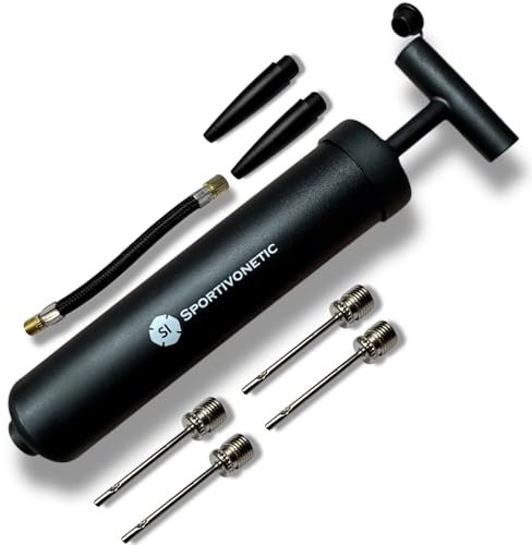 SPORTIVONETIC® Ballpumpe mit 4 Metallnadeln - 2 Kunsstoffnadeln - 1 Schlauch - geeignet für jeden Sportball Fußball, Volleyball, Basketball, Gymnastik Ball, Luftpumpe klein mit Nadel Nadeln schwarz