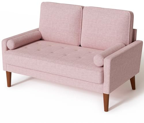 Sofa 2 Sitzer, Modernes 2er Sofa mit 2 Wurfkissen, Kleine Stoffcouch mit Armlehne, Mini Sofa für Wohnzimmer/Wohnung/Büro, Einfache Montage, Rosa, 121 x 77 x 87CM