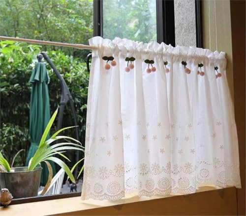 Yaland Tendina in cotone con ricamo, motivo floreale, tenda da bistrò, tenda da cucina, con passante, per piccole finestre, 1 pezzo, bianco, altezza x larghezza 30 x 90 cm