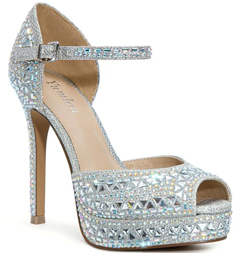 Peep Toe Silver Rhinestone Platform Heels Sparkly Diamond Stiletto High Heel for Women's Pumps Bride Wedding Heels Dress Shoes for Evening Party Sandals Silver
