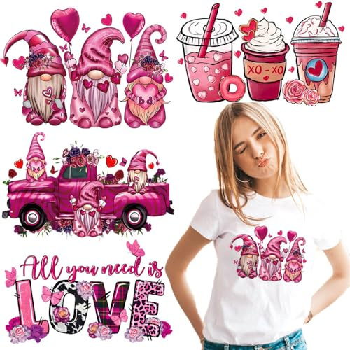Valentine's Iron on Transfers for T Shirts 4 Sheets Rose Red Iron on Transfers Cute Dwarf Heart Love Heat Car Transfer Vinyl Anniversary Patches Stickers Iron on Decals Pillow Hoodie DIY Crafts