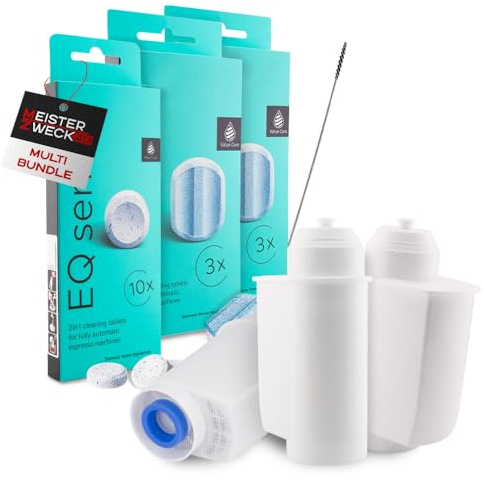 MEISTERZWECK4U Pflegeset Kaffeevollautomaten - 3x Wasserfilter, 2x Entkalkungstabletten, 1x Reinigungstabletten, Reinigungsbürste - Reinigungsset kompatibel mit Siemens, EQ Series, Supresso, Bosch