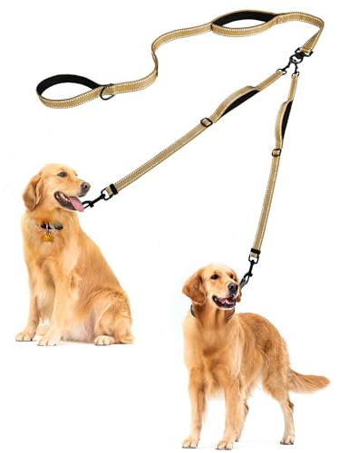 PetBonus dubbelhundkoppel, trasselfritt dubbelkoppel, reflekterande promenad- och träningskoppel, 4 bekväma vadderade handtag för 2 hundar med hopfällbar skål och bajspåsar (ljus khaki, stor)