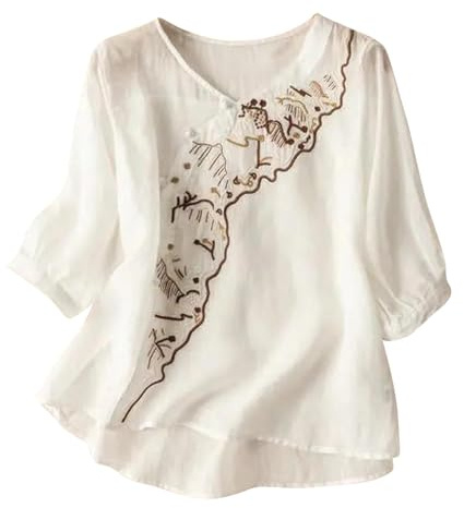 Ofertas Camisetas Manga Larga Mujer,Algodón y Lino Camisetas Basicas Manga 3/4 con Botón Informal Estilo Literario Primavera Otoño Blusas Original Cuello Redondo Bordado Tops Shirt tee Camisa Ligero