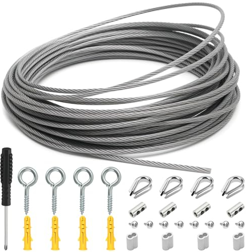 LbsAMP 2MM Stainless Steel Wire Rope Kit 15M with Clamp and M2 Wire Rope Thimbles Heavy Duty Cable Coated for Trellis Clothesline Climbing Plant Rope Outdoor Garden
