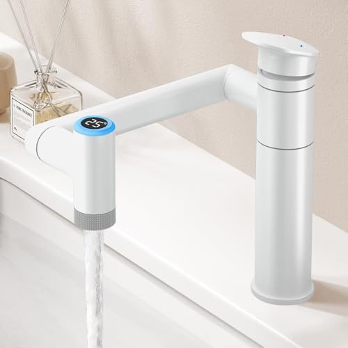 KAIYING 1080° Drehbare Waschtischarmatur, Höhenverstellbare Waschtischarmaturen, Wasserhahn Badezimmer mit Temperaturanzeige (Batterielos), 1-Loch-Waschbeckenarmatur Bad mit 2 Wasserauslassmodi (Weiß)