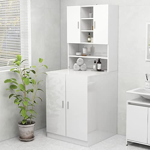 Juroupi Mobile per Lavatrice Bianco Lucido 70,5x25,5x90 cm, Accessori per Lavatrici e Asciugatrici, 2 Ante, 9 Scomparti