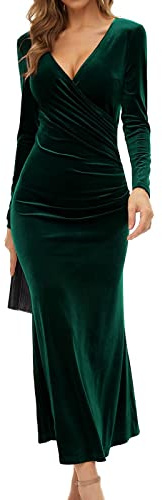 Generisch Vestido de manga larga para mujer, vestido de cintura con envoltura de terciopelo, color sólido, vestido de cintura, verde, M