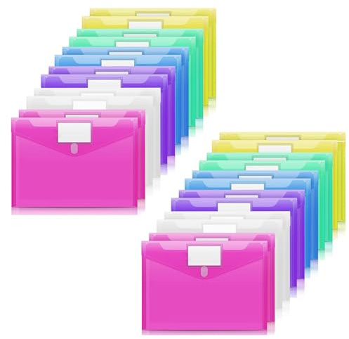 Pochette Document A4,Pochette Classeur 6 Couleurs PVC Transparentes,Pochettes Fermeture vec Rabat Fermeture à Pression et Etiquette,pour Bureau,Voyage, Fournitures(24PCS)