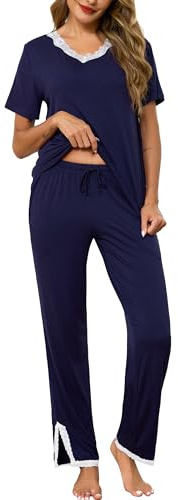 Lovasy Pigiama Donna Cotone a Maniche Corte Pigiama Due Pezzi Top con Scollo a V in Pizzo Sexy Lunghi Pantaloni con Tasche,A-Blu Navy,XL