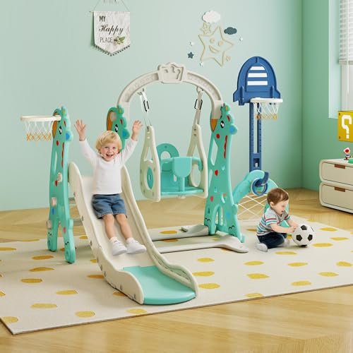 6-in-1 Toddler Slide and Swing Set for Kids, Toddler Swing with Basketball Hoop, Suitable for Outdoor Indoor Playground for Kids Age 1+ (Grey+Green)