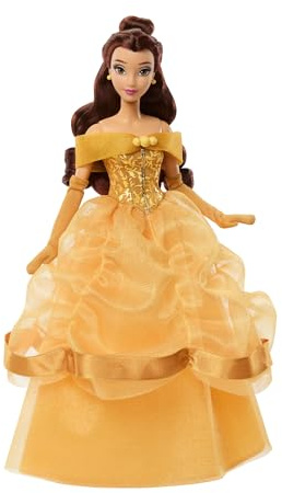 Mattel Disney Princess Belle glittrande modedocka | Poserbar docka i klassisk look med avtagbar klänning, skor, halsband och örhängen, inspirerad av Skönheten och Odjuret, JLK31