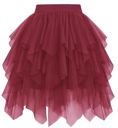 Wikoan Gonna in Tulle da Donna Gonna a Balze Asimmetrica in Tulle Ballo in Maschera Travestimento Costume di Halloween,Bordeaux,L-XL