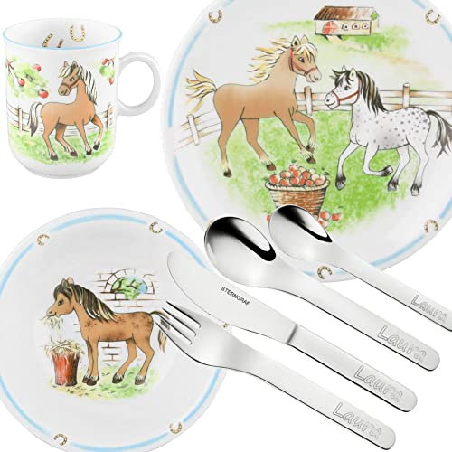 Kinderset Mein Pony 7tlg. MIT Gravur (z.B. Namen) Puresigns Kinderbesteck mit Namensgravur + Seltmann Weiden Kindergeschirr Pferde