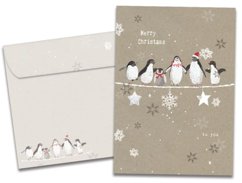 Tree-Free Greetings Holiday Greeting Cards, Penguin Merry Christmas, Vintage Brown Recycled Paper, Boxed Note Card Set, 10-Pack (HB93309)
