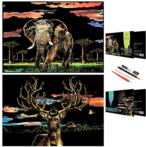 SiYear Scratch Painting Kunstdruckpapier, Animal Series Scratchboard für Kinder & Erwachsene, Geschenke & Kunsthandwerk Kits mit 4 Werkzeugen, Größe: 16 '' x 11 '' (Hirsch & Elefant)