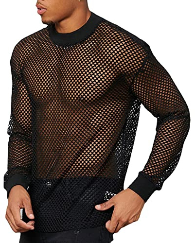 Tee Shirt Homme Casual Transparent T Shirt Homme Chic Respirant Tshirt Homme en Maille T-Shirt Homme Sport Résille T-Shirts à Manches Longues Homme Confortable Tee Shirt Homme Clubwear