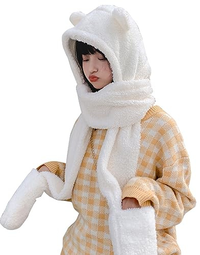 3 in 1 Womens Cute Winter Thick Warm Long Hooded Scarf with Mittens Soft Plush Hood Hat Scarf Multi-Functional Animal Hat Scarf Mitten Neckwarmer Combo (White)