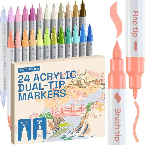 ARTISTRO 24 Pastel Acrylic Paint Pens Dual-Tip Brush+Fine for Fabric & Rock | Water-Based, Quick-Dry & Low-Odour Art Supplies for All Surfaces, Craft Gift for Adults, Teens & Kids, Classroom Must-Haves