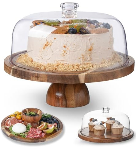 Kanwone Acacia Wood Cake Stand with Acrylic Lid - 12in Cake Plate, Multi-Functional Dessert Table Display Set, Charcuterie Board, Cake Holder with Dome, Detachable Design