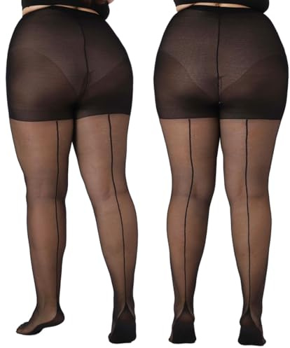 MERYLURE 2 Pairs Women's Plus Size Backseam 20D Sheer Tights, Control Top Pantyhose with Reinforced Toes