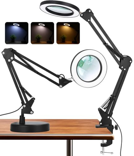 Toaren 2 en 1 Lampe de Bureau Loupe 10X Lampe Loupe, Loupe avec Lumière et Support Lampe Loupe LED avec Bras Pivotant, 3 Modes de Couleur,10 Niveaux de Luminosité pour Artisanat, Réparation, Lecture