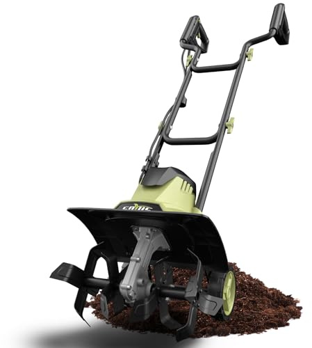 SOYUS 14 Inch Electric Tiller Cultivator 12 Amp Corded Tiller for Gardening, Garden Tiller with Folding Handle, 4 Steel Tines Wheeled Rototiller for Lawn Yard Soil Tilling
