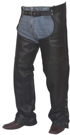 Premium Motorcycle Leather Chaps for Men – 100% Genuine Leather, Adjustable Waist, Lined Chaps with Secure Storage Pocket (Black, XS)