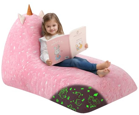 MeMoreCool Sitzsäcke für Kinder von 8–12 Jahren, großer Sitzsack mit Füllung, großes Kleinkinder-Sitzsackbett mit Einhorn, Faule Bodenliege für Kinder für Mädchen und Jungen, Leuchtendes Einhorn