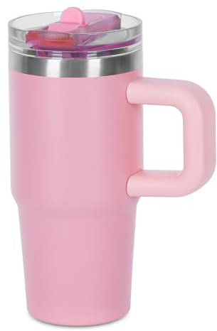 Tswofia 14 oz Tumbler for kids with Detachable Flip Straw Lid and handle, 100% Leak Proof 14 oz mini cup, Stainless Steel Vacuum Insulated Tumbler, Wide Mouth Easy to Clean, Keep Cold or Hot (Pink)