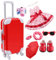 PSFDEWT 18 Zoll Puppenzubehör komplette Red Doll Koffer Set mit Babyzubehör gehören Kleid, Stirnband, Schuhe und Reiseartikel DIY Geschenk für kleine Mädchen (Nein) Zoll