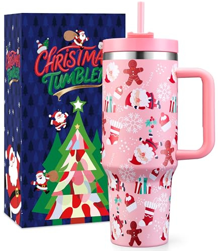 BesWin 40 oz Christmas Tumbler with Handle and Straw Lid, Triple Wall Stainless Steel Insulated Travel Mug Cup, Fit in Cup Holder, Christmas Gifts for Women Men Kids(Pink Santa Gingerbread Man)