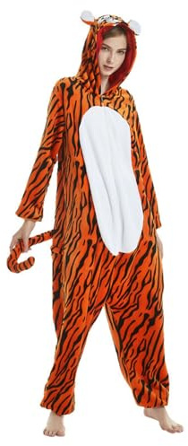 Generisch Pijama de franela para adultos, con estampado de tigre, Navidad, Halloween, cosplay, disfraz de juego de rol, mono, mono, ropa de salón, pareja, O Orange, L