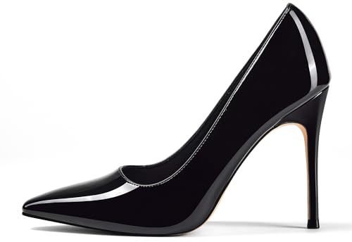 Zhabtuc Escarpins Femme à Bout légèrement carré Talon Aiguille 10 cm Vernis Chaussures fermées pour cérémonie et Mariage, Noir, 42 EU