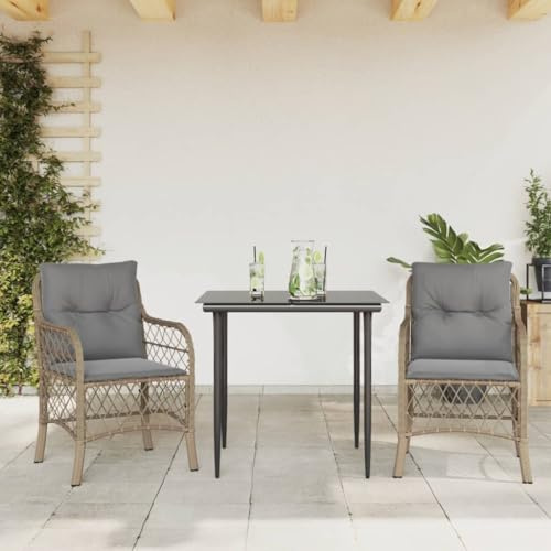 Tonture Ensemble de bistro 3 pièces avec coussins, mélange de polyrotin, table 80 x 80 x 74 cm, résistant aux UV, jardin, balcon, terrasse, salon d'extérieur confortable