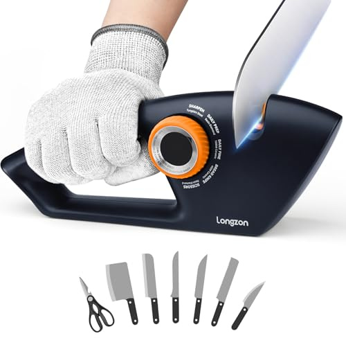 longzon 6-in-1 Knife Sharpener 5 Stage with Cut-Resistant Glove, Manual Kitchen Tool for Straight & Serrated Knives, Quickly Sharpens Restores & Polishes Dull Blades Safe for Home Kitchen, Navy+Orange