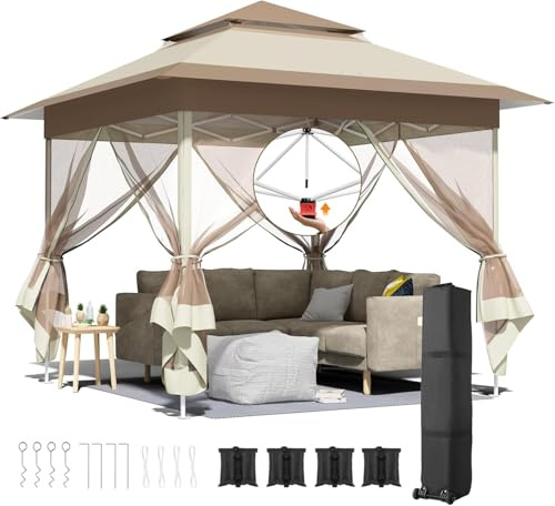 Carpa Plegable 3,3 x 3,3 m con 4 Paneles Laterales de mosquitera, One Push Carpas para Exteriores, Impermeable,Doble Techo, Cenador Pabellón de Jardín,Camping/Mercado/Fiestas/Playa, Marrón Caqui