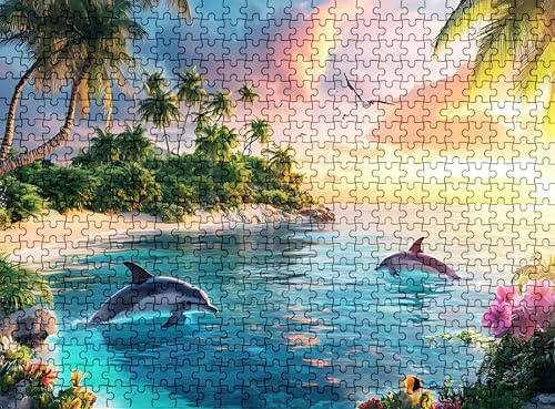 Pussel 1 500 delar, träpussel vuxna delfin strand impossibla klassiska pusselpussel 87 x 57 cm, familjespel, pussel stressminskning tankespel, pusselälskare w0-244