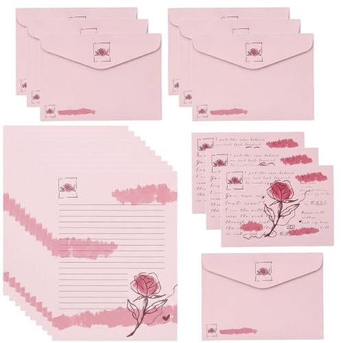 Set de 10 Papier à Lettre avec Enveloppe Motif Rose Romantique Rose, Papier de Correspondance Ligné pour Écriture Invitation Cadeau Fille (10 Enveloppes 12x17cm + 10 Feuilles 17x22cm)