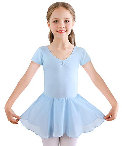 Kinder Ballettkleidung Mädchen Ballettkleid Kurzarm Balletttrikot Ballettanzug Tanzkleid Tanzbody aus Baumwolle mit Chiffon Rock Tütü (140 (130-140cm, 10-11 Jahre), Blau)